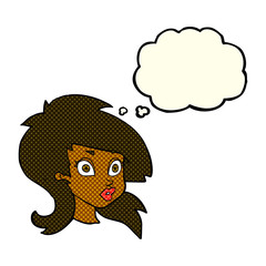 cartoon pretty surprised woman with thought bubble