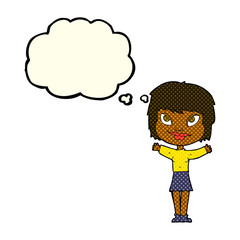 cartoon woman waving arms with thought bubble