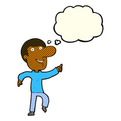 cartoon happy man dancing with thought bubble