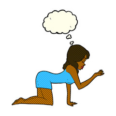 cartoon woman on all fours with thought bubble