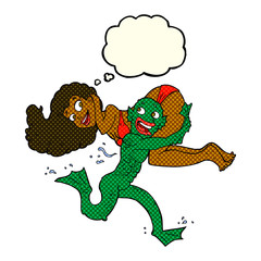 cartoon swamp monster carrying girl in bikini with thought bubbl