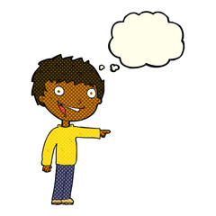 cartoon happy boy laughing with thought bubble