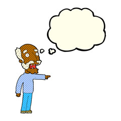 cartoon scared old man pointing with thought bubble