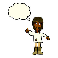 cartoon hippie man giving thumbs up symbol with thought bubble