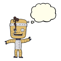 cartoon funny old robot with thought bubble