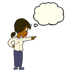 cartoon enthusiastic woman pointing with thought bubble
