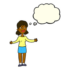 cartoon happy woman shrugging shoulders with thought bubble