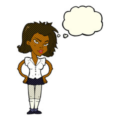 cartoon woman with hands on hips with thought bubble
