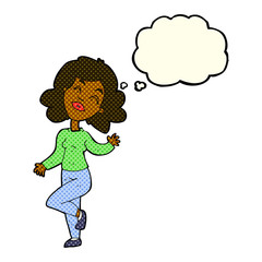 cartoon happy woman dancing with thought bubble