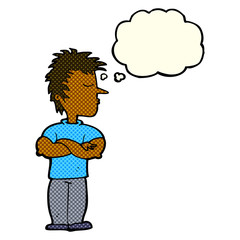 cartoon man refusing to listen with thought bubble