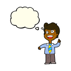 cartoon school boy raising hand with thought bubble