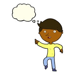 cartoon happy pointing with thought bubble