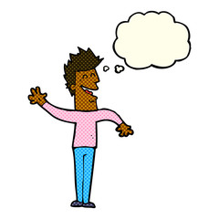 cartoon happy man waving with thought bubble