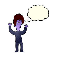 cartoon vampire giving up with thought bubble