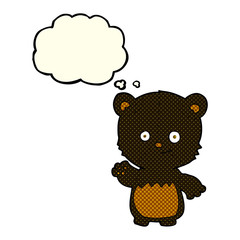 cartoon black bearcub waving with thought bubble
