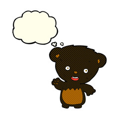 cartoon black bearcub waving with thought bubble