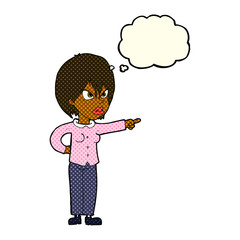 cartoon woman accusing with thought bubble
