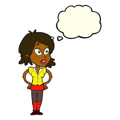 cartoon woman with hands on hips with thought bubble