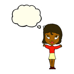 cartoon woman with open arms with thought bubble