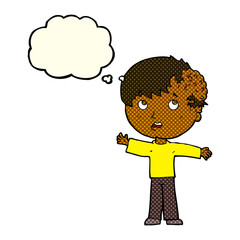 cartoon boy with growth on head with thought bubble