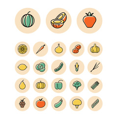 Thin line icons for fruits and vegetables