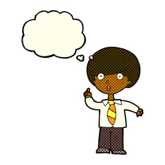 cartoon school boy answering question with thought bubble