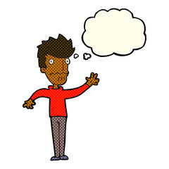cartoon worried man reaching out with thought bubble