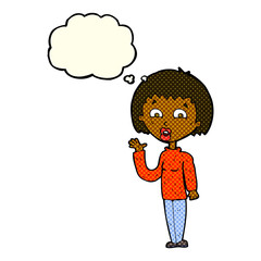 cartoon woman waving with thought bubble