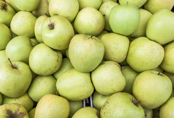 Delicious fresh green juicy apples in local fruit market