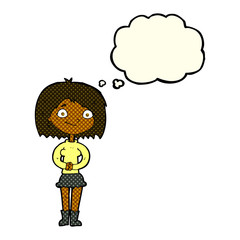 cartoon happy woman with thought bubble