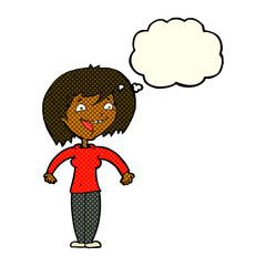 cartoon excited woman with thought bubble