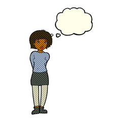 cartoon shy woman with thought bubble