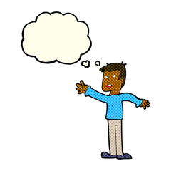 cartoon worried man reaching with thought bubble