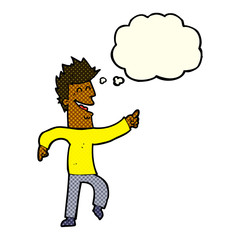 cartoon man pointing and laughing with thought bubble