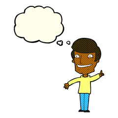 cartoon grinning man with idea with thought bubble