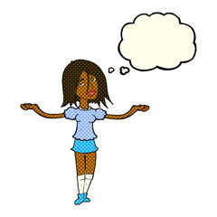 cartoon woman shrugging shoulders with thought bubble