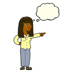 cartoon pretty woman pointing with thought bubble