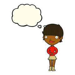 cartoon friendly woman with thought bubble