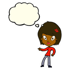 cartoon pretty woman pointing with thought bubble