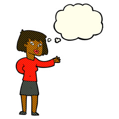 cartoon woman explaining with thought bubble