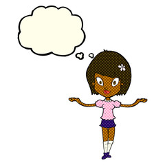 cartoon woman making balancing gesture with thought bubble