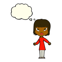 cartoon woman with open arms with thought bubble