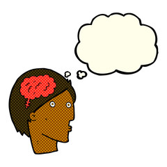 cartoon man with brain symbol with thought bubble