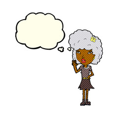 cartoon woman waving with thought bubble