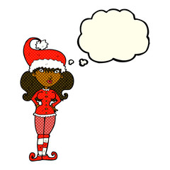 cartoon santa's helper woman with thought bubble