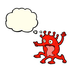 cartoon weird little alien with thought bubble