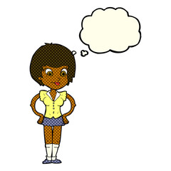 cartoon pretty woman with hands on hips with thought bubble