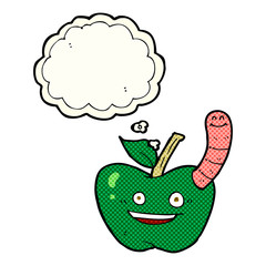cartoon apple with worm with thought bubble