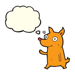 cartoon little dog waving with thought bubble