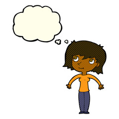 cartoon woman shrugging with thought bubble